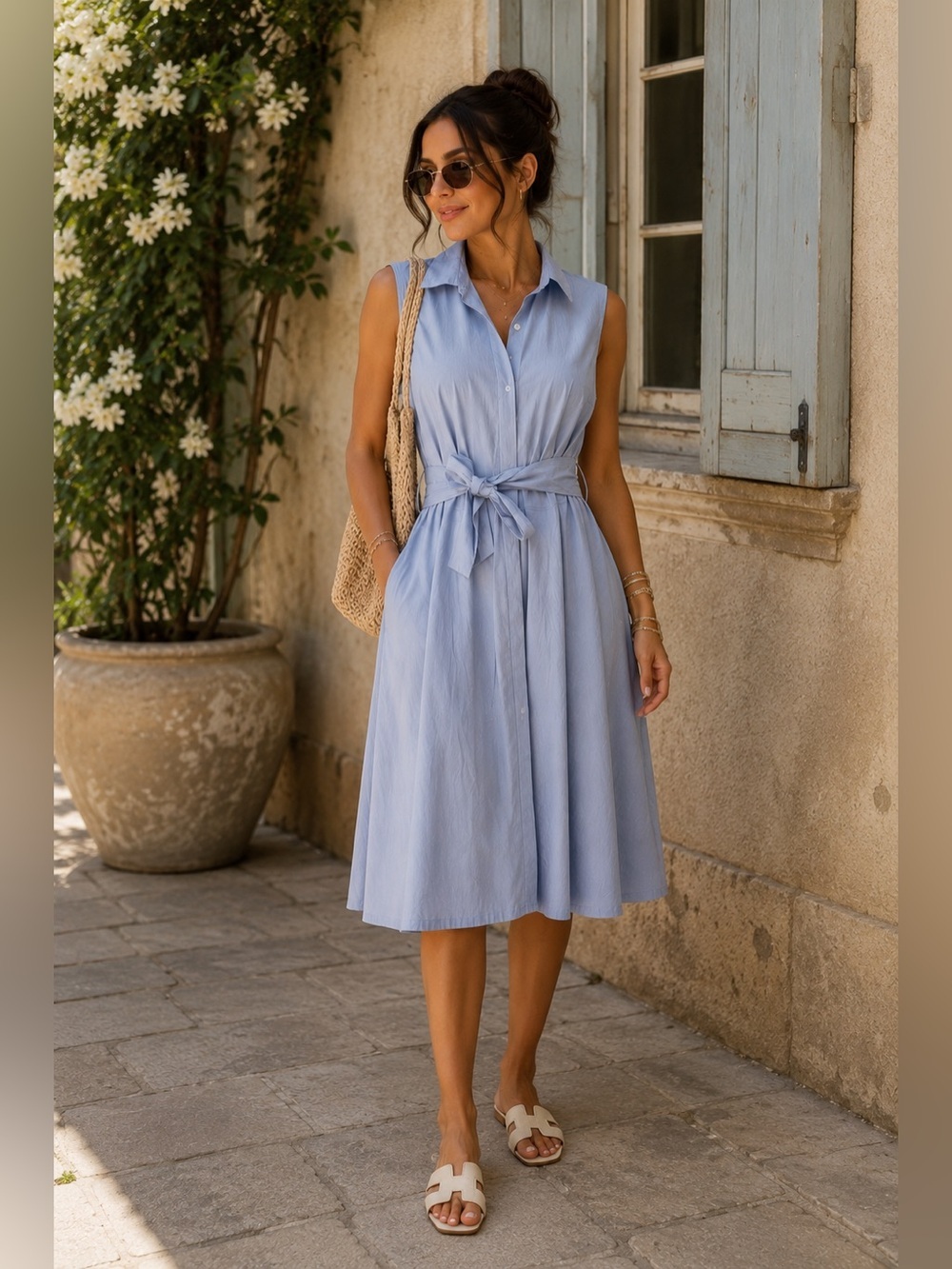 Who What Wear Blue Pinstripe Sleeveless Shirt Dress Tie Waist Midi Dress Large